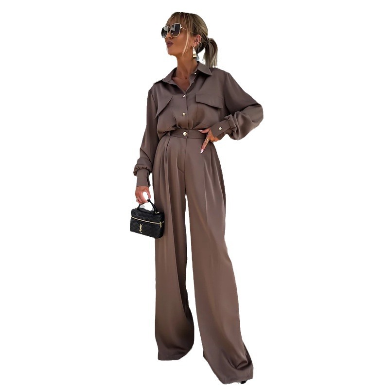 Long Sleeve Faux Pocket Shirt & Loose Trousers Two-piece Set
