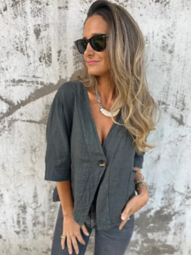 Casual Women's V neck Cotton And Linen Solid Color ShirtT shirt Gray - Shop at LoveMi