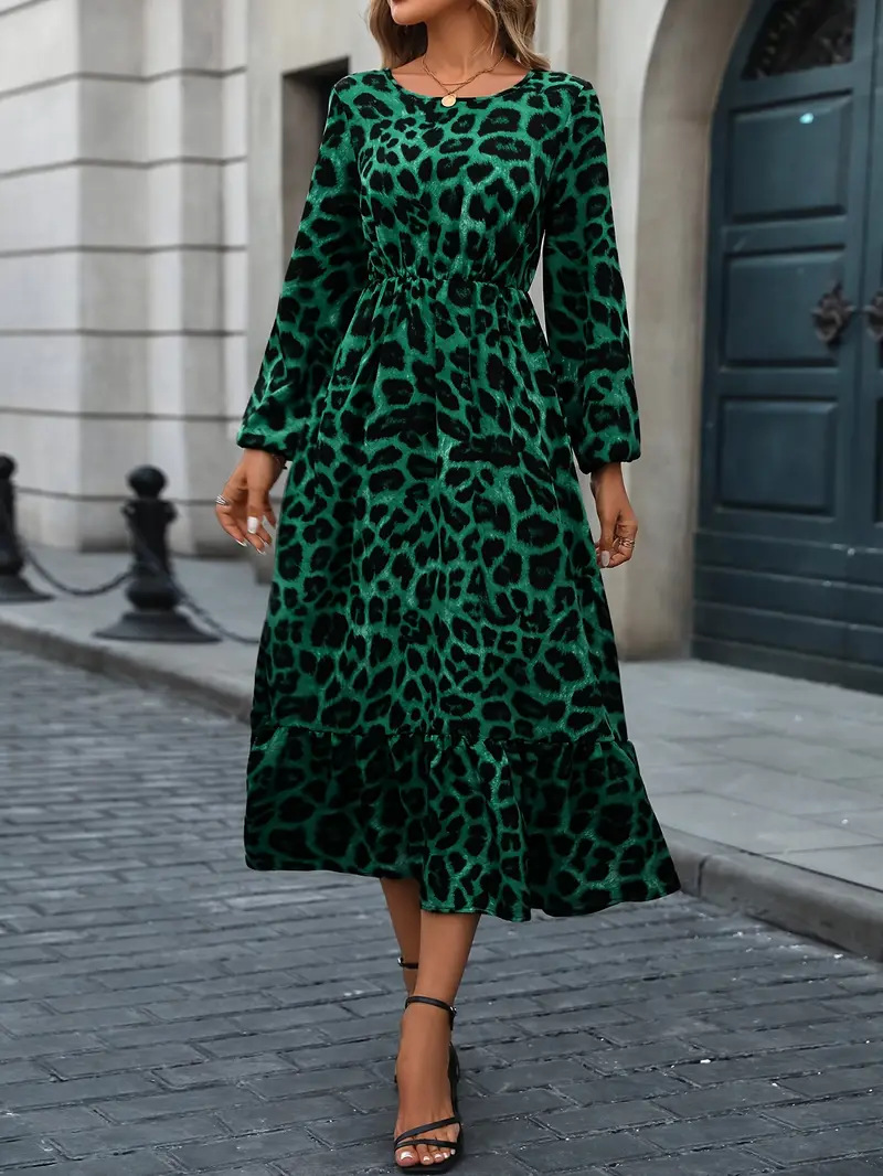 Elegant Leopard Print Lantern Sleeve Ruffled A line Midi Dress Green - Shop at LoveMi