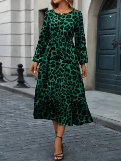 Elegant Leopard Print Lantern Sleeve Ruffled A-line Midi Dress - Dark Green - View 1