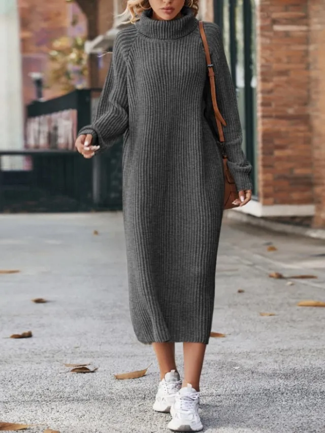 Winter Turtleneck Knitted Sweater Dress Fashion Solid Loose Pullover Long Dresses For Women Clothing Dark Gray - Shop at LoveMi