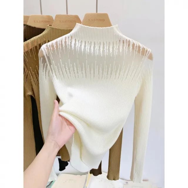 Mesh Lace Sweater Women's Half Turtleneck Apricot - Shop at LoveMi