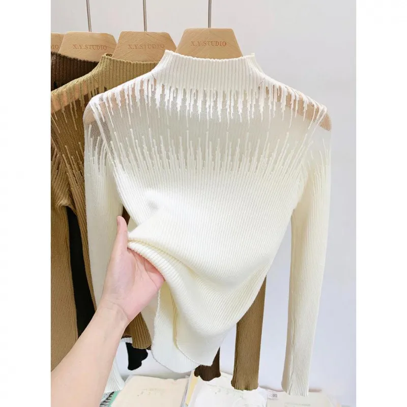 Mesh Lace Sweater Women's Half Turtleneck - Apricot