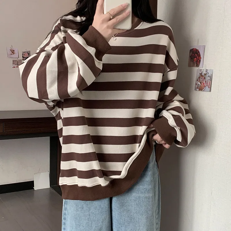 Retro Printed Crew Neck Sweatshirt Women - Coffee Stripes