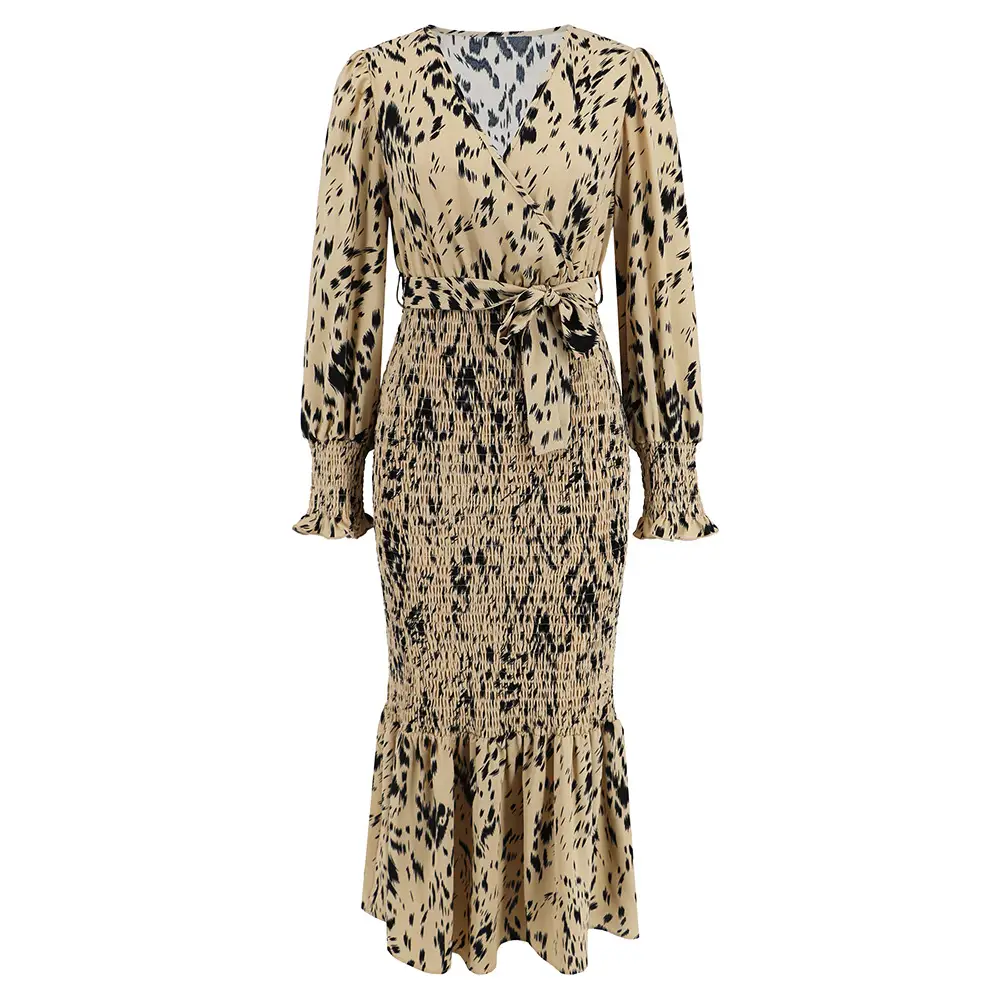 Slim-fit Temperament V-neck Belt Printed Dress Long Fish Tail Dress Popular