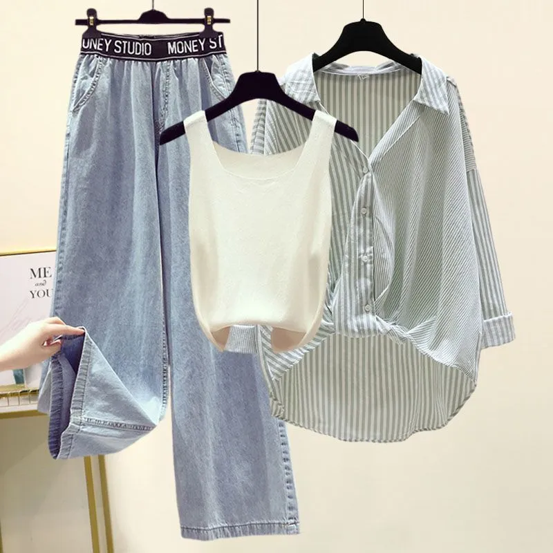 Striped Shirt Small Sling Wide Leg Jeans Three-piece Set - White Suspender Suit B