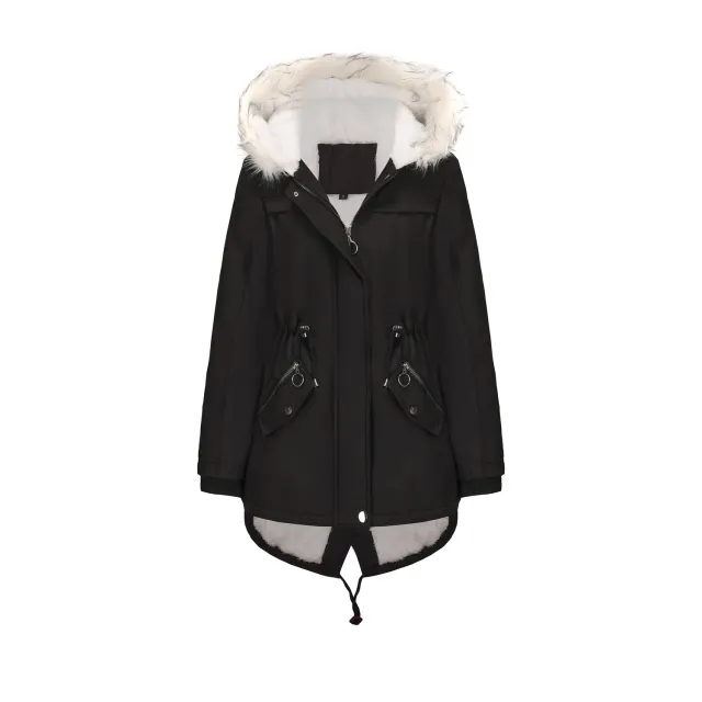 Ladies Hooded With Fur Collar Fleece Padded Coat Black - Shop at LoveMi