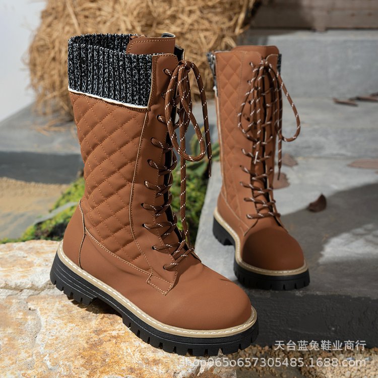 Check The Color-matched Front-lace-up Thick-heeled Martin Boots - Image 6