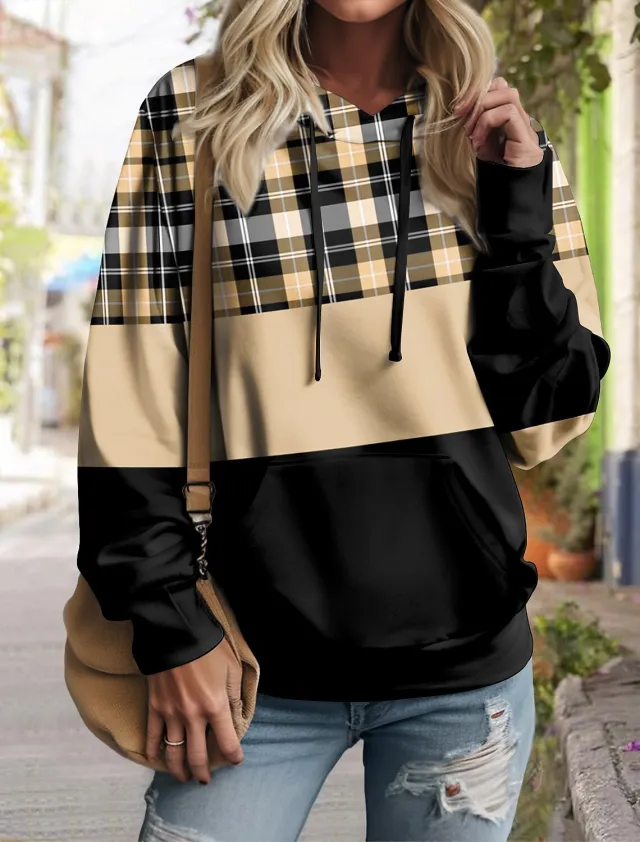 Women's Pullover Plaid Color Block Hoodie Long Sleeve 3H5Yt3O Xxxxl - Shop at LoveMi