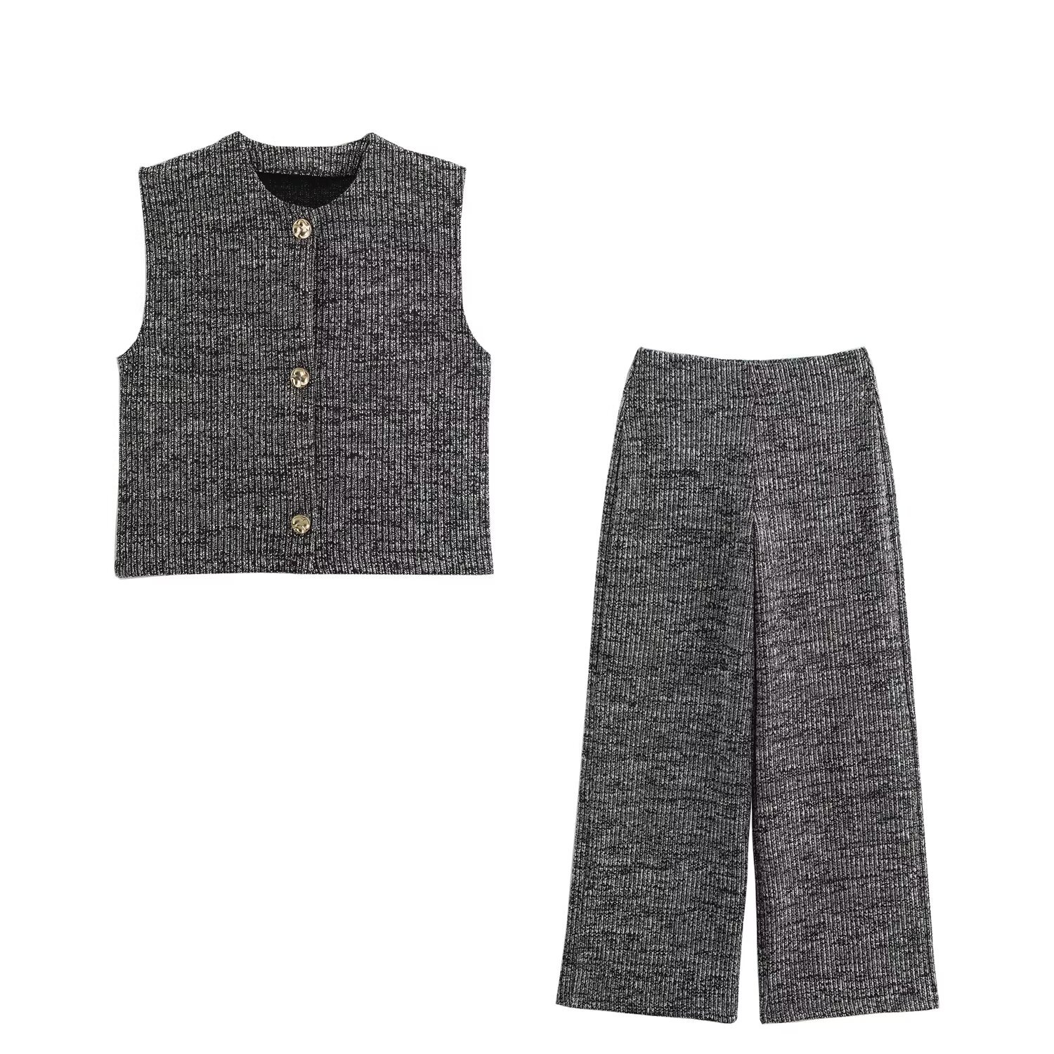 Women's Decorated Row Button Texture Vest-style Top And Trousers Suit