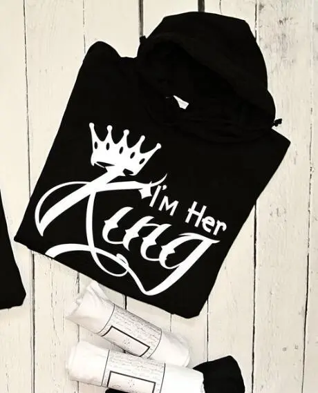 Her KING His QUEEN Couple Wear European And American Letter Fashion Casual Hooded Pocket Sweatshirt White - Shop at LoveMi