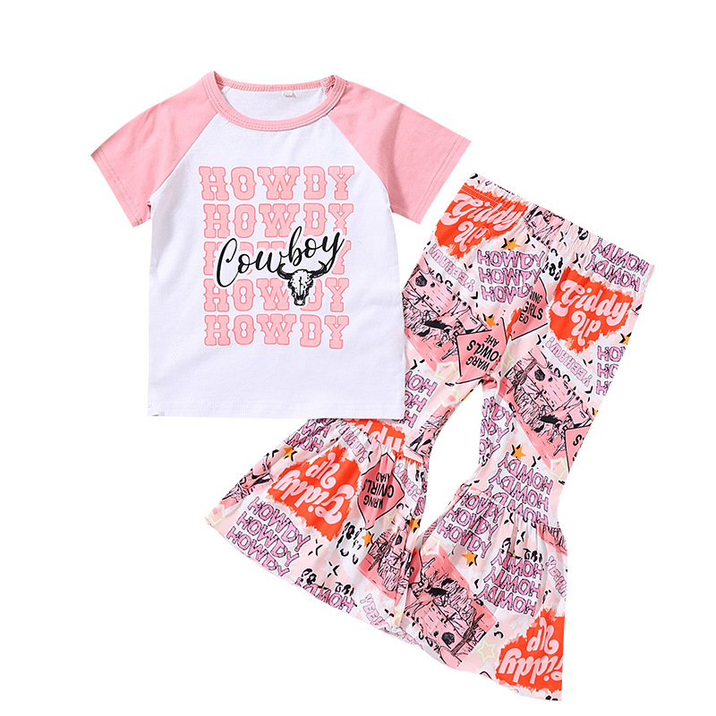 Children Girls' Contrast Color Letter Denim Printing Suit