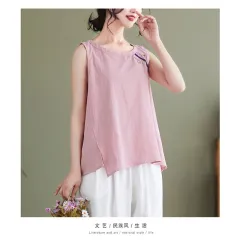 Cotton Linen Vest Female Artistic Embroidery Outer Wear Inner Wear - Pink - View 1