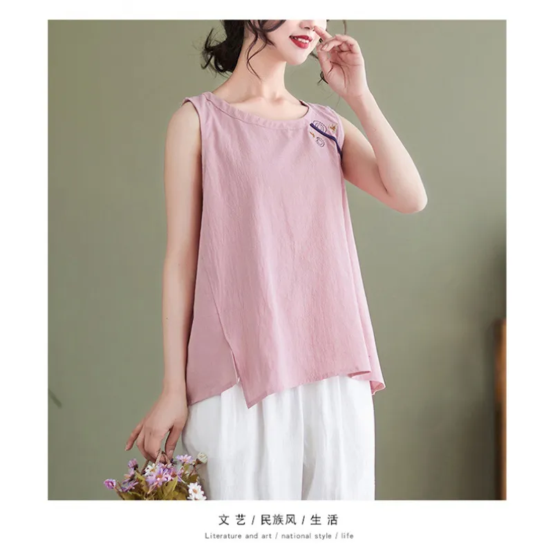 Cotton Linen Vest Female Artistic Embroidery Outer Wear Inner Wear - Pink