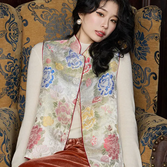High grade Autumn Women's Jacquard Satin Cardigan Style Buckle Outerwear Vest Top White - Shop at LoveMi