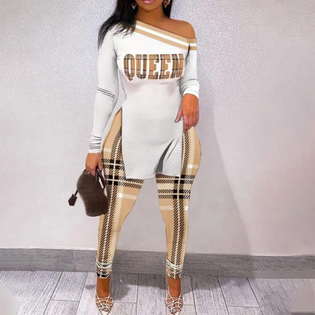 Autumn And Winter New Letter Floral Print Slit Hem Long Sleeve Top Suit Women Khaki - Shop at LoveMi