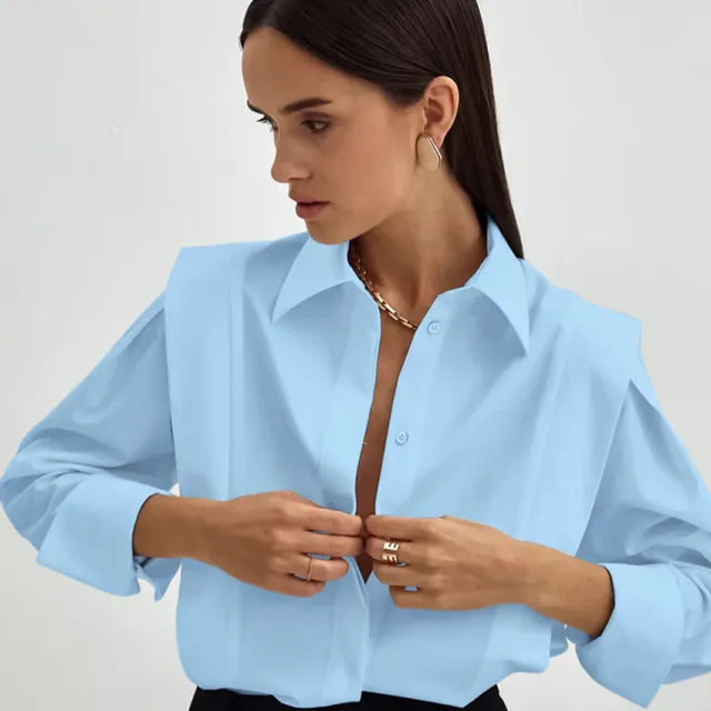 Niche European, American And French Style Commuter Right angle Shoulder Slimming Shirt Women's Long Sleeve Stitching Sense Blue - Shop at LoveMi