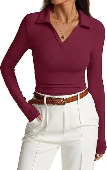 V neck Slim fit Casual Basic Pleated Top Dark Red - Shop at LoveMi