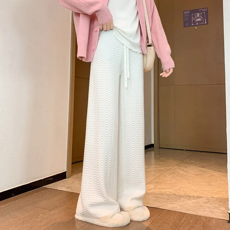 Elastic Waist Pajamas Woollen Trousers Women - White