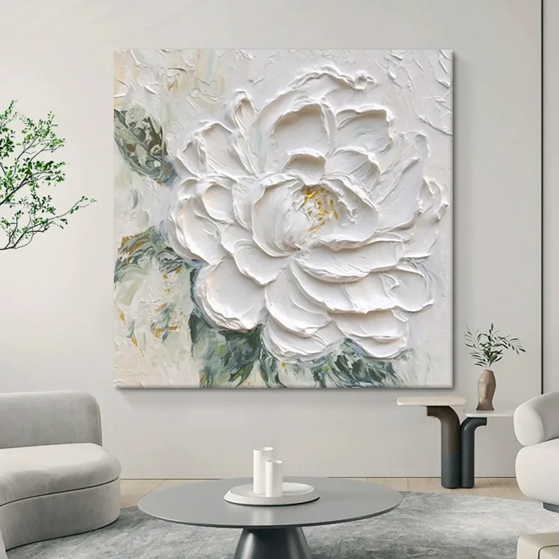 Cream Wind White Peony Flower Thick Texture Hand Drawn