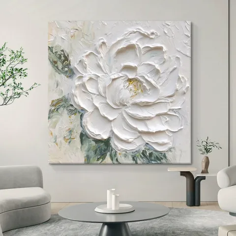Cream Wind White Peony Flower Thick Texture Hand Drawn