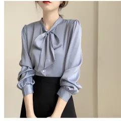 Lace-up Bow Business Wear Solid Color Bottoming Long Sleeve Shirt - Blue - View 1