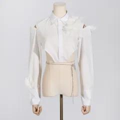 Irregular Design Flower Stitching Tied Shirt For Women - White - View 1