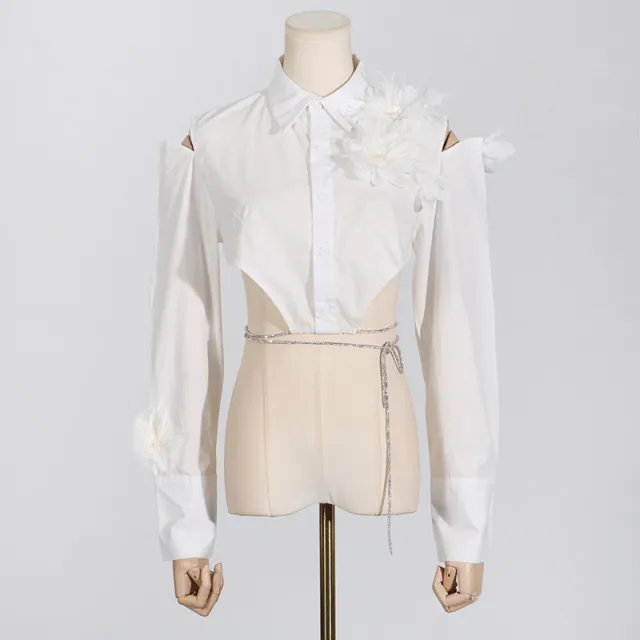 Irregular Design Flower Stitching Tied Shirt For Women White - Shop at LoveMi