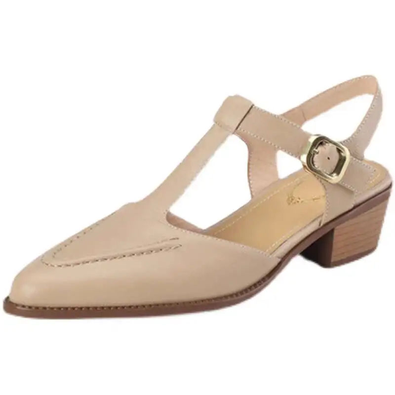 Women's Soft Leather Pointed Sandals New Summer Closed Toe Chunky Heel