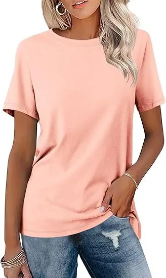 European And American Style Women Round Neck Loose Fashion Casual Short Sleeve Pink - Shop at LoveMi