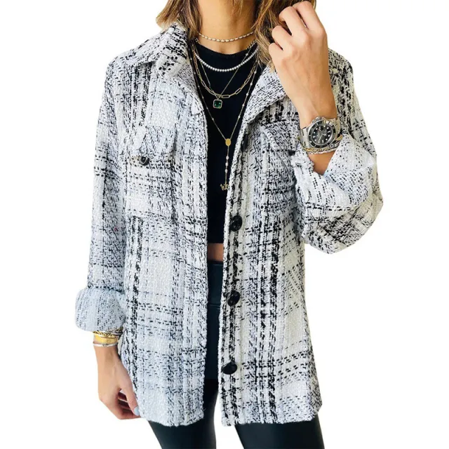 Women's Lapel Loose Button Long Sleeve Plaid Jacket White - Shop at LoveMi