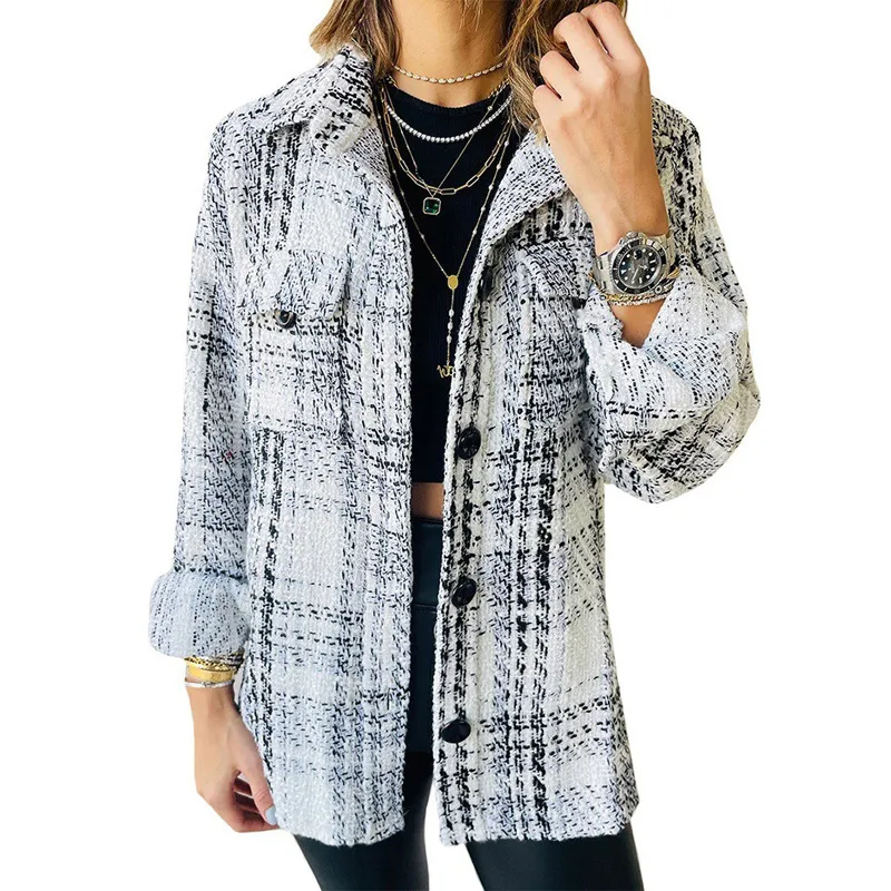 Women's Lapel Loose Button Long Sleeve Plaid Jacket - White