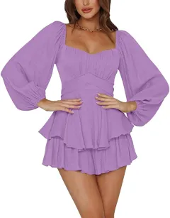 Ruffled Jumpsuit Women's Summer Lantern Long Sleeve Casual Culotte - Violet - View 1