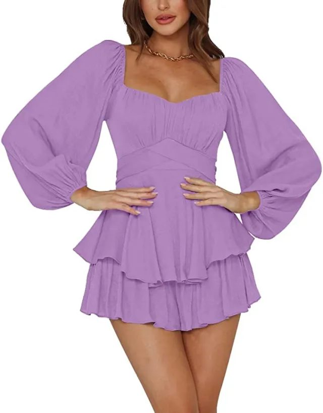Ruffled Jumpsuit Women's Summer Lantern Long Sleeve Casual Culotte Violet - Shop at LoveMi