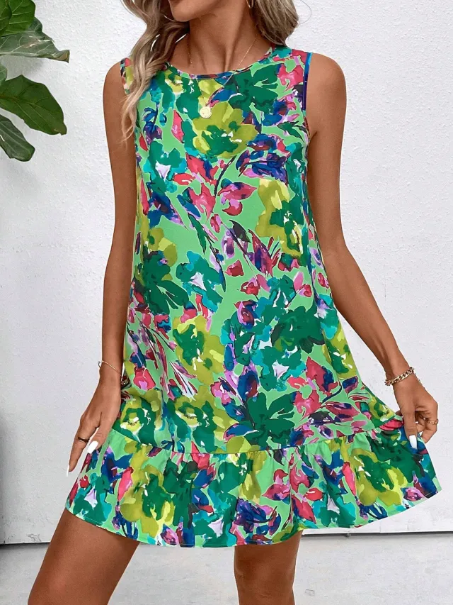 Elegant Women Floral Print Sleeveless Ruffles Dress Green - Shop at LoveMi