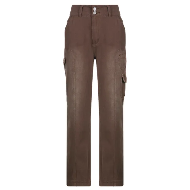 Women's Multi Pocket Loose High Waisted Jeans Brown - Shop at LoveMi