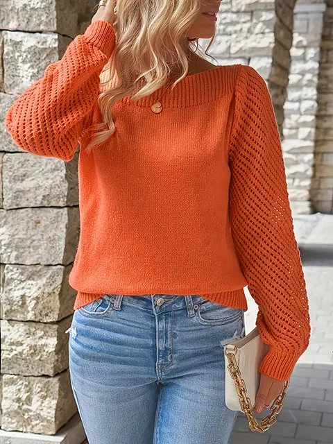 Hollow out Long sleeved Off shoulder Pullover Sweater Top Orange Red - Shop at LoveMi