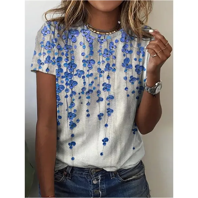 Floral Digital Printed Round Neck Short Sleeve T shirt Blue - Shop at LoveMi