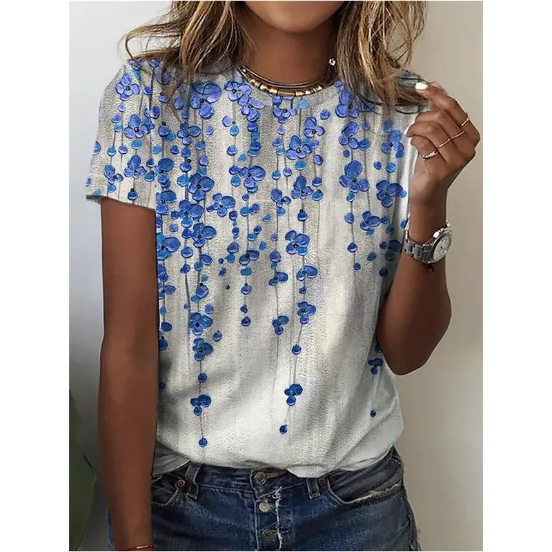 Floral Digital Printed Round Neck Short Sleeve T-shirt - Blue