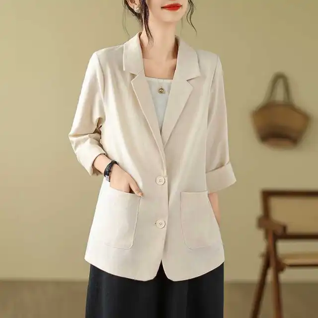 Artistic Retro Solid Color Loose fitting Versatile Suit Top Optic Linen - Shop at LoveMi