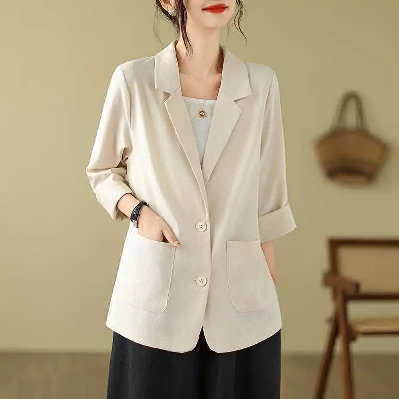Artistic Retro Solid Color Loose-fitting Versatile Suit Top - Optic Linen