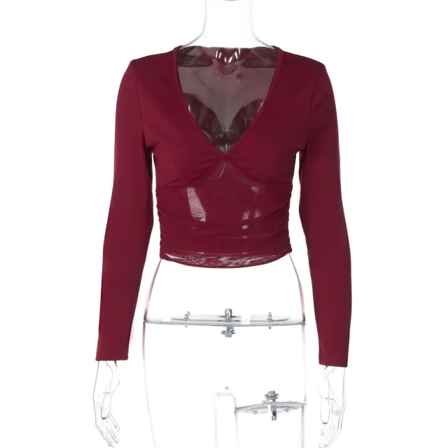 Women's Mesh Slim Fit Patchwork Slimming Long Sleeve Top Wine Red - Shop at LoveMi