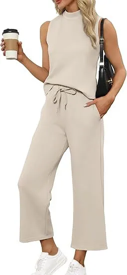 Sleeveless Top Wide Leg Cropped Pants Beige - Shop at LoveMi