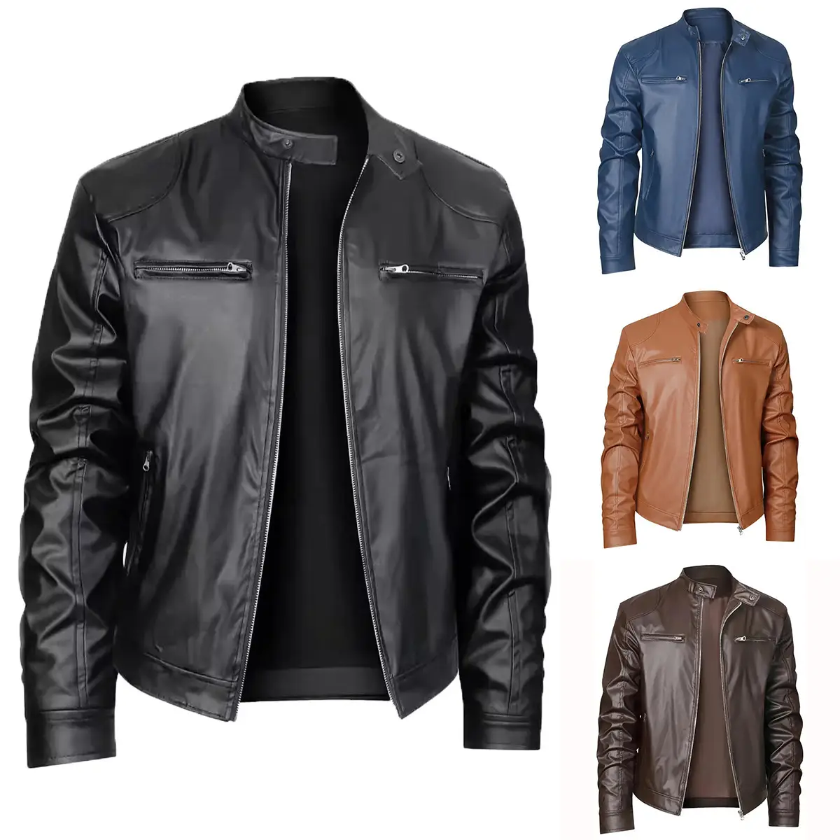 Men's Stand-up Collar Slim Fit Leather Jacket Zipper Pocket Decoration