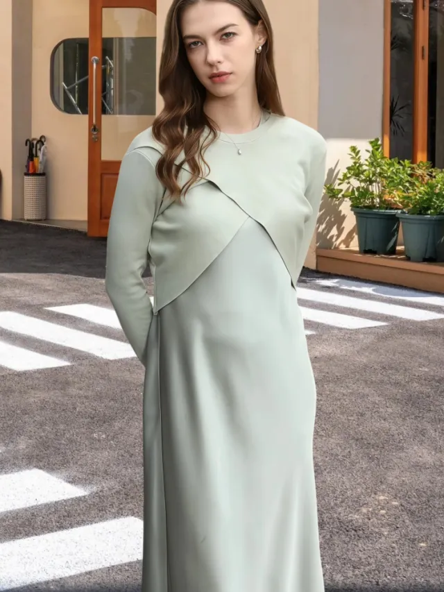 Summer New Simple Elastic Waist Dress Round Neck Crossover Tops Green Suit - Shop at LoveMi