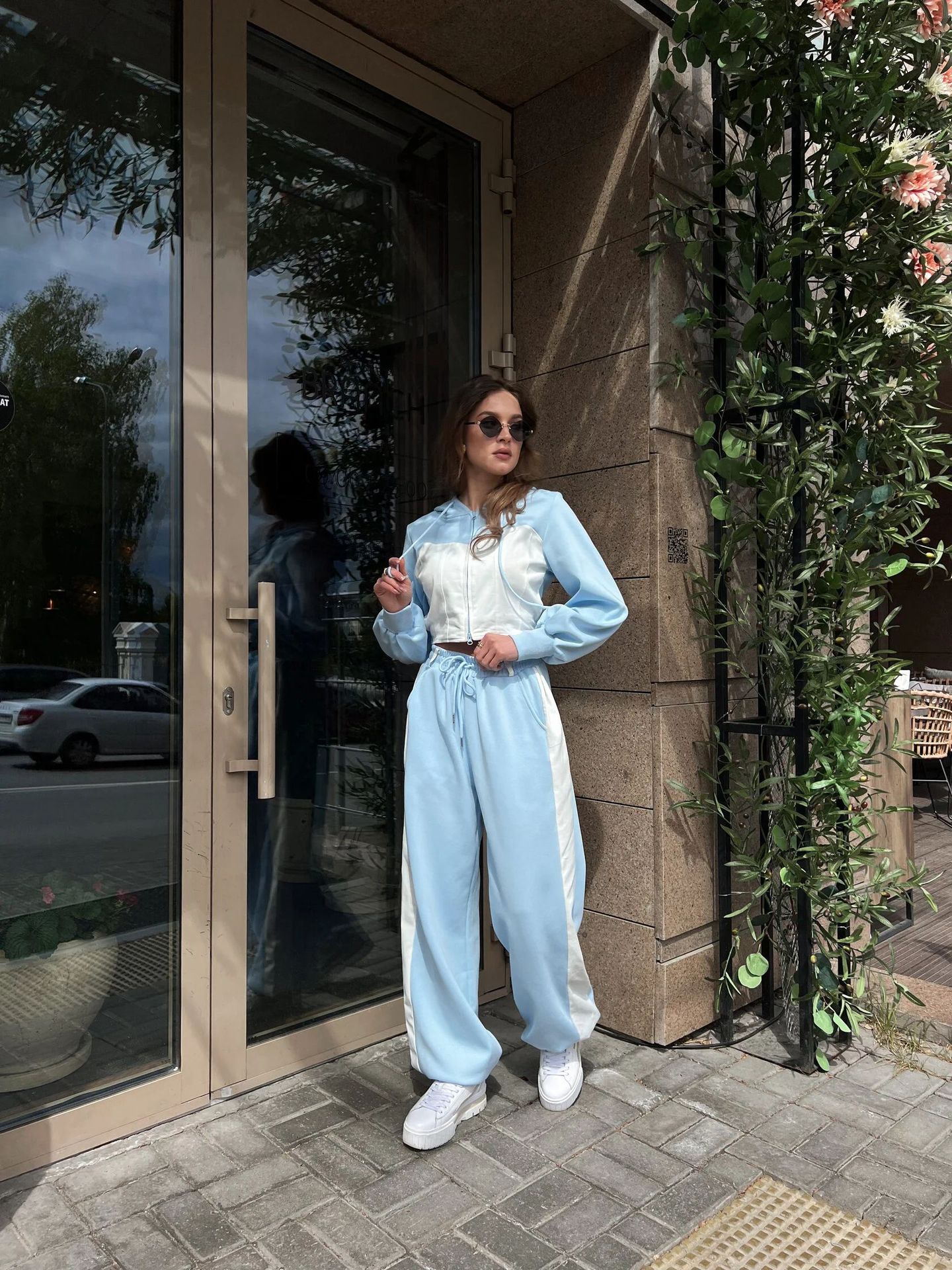 Fashion Casual Sweater Suit Denim Stitching Hooded Top And Trousers Women's Clothing