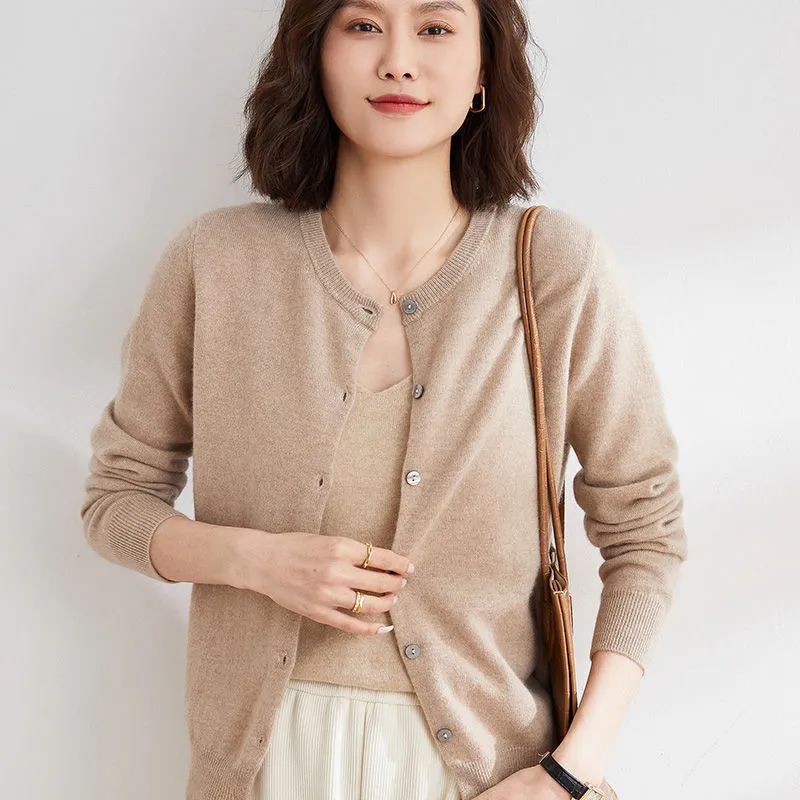 Round Neck Knitted Cardigan Coat For Women - Elegant Camel
