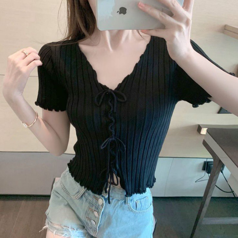 V-neck Lace-up Bowknot Knitted Sweater Short Top