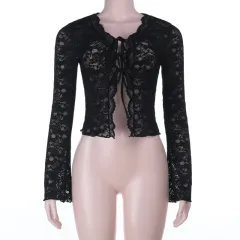 Elegant Sexy See-through Cardigan Slim-fit Slimming Lace Top - Black - View 1