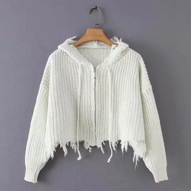 European And American Hooded Tassel Zipper Sweaters Coat White - Shop at LoveMi
